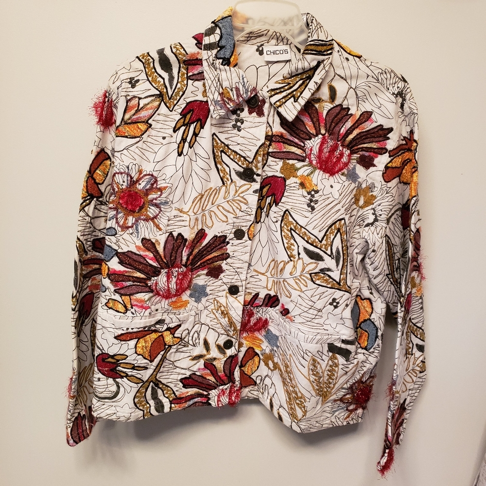 Chicos Cotton Garden Bloom Jacket Sz 2  12 L Xl NWT